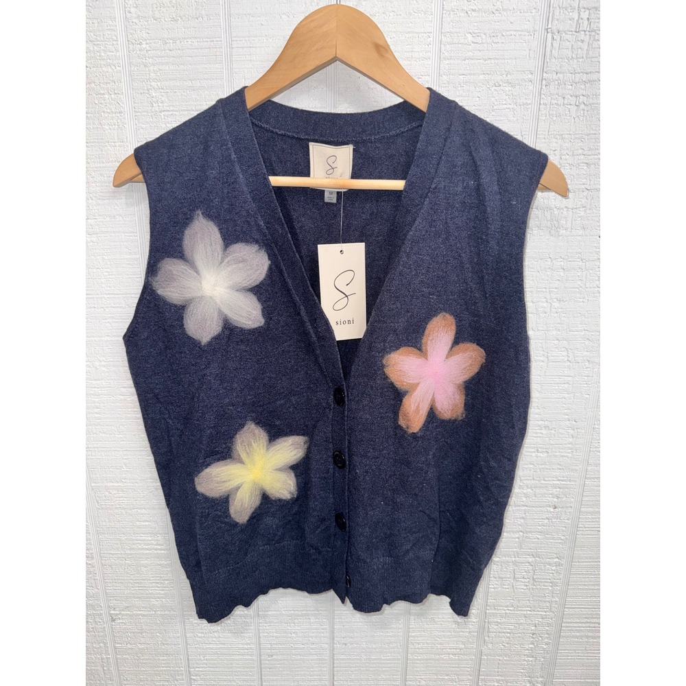 Sioni Cardigan Vest Women Navy Blue Felted Floral Applique V-Neck NWT M